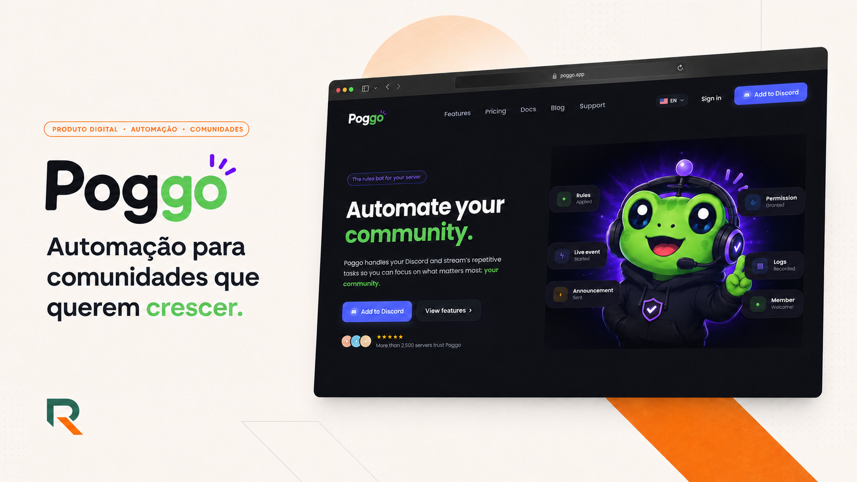 Página inicial do Poggo com a mensagem Automação para comunidades que querem crescer e uma prévia do produto.