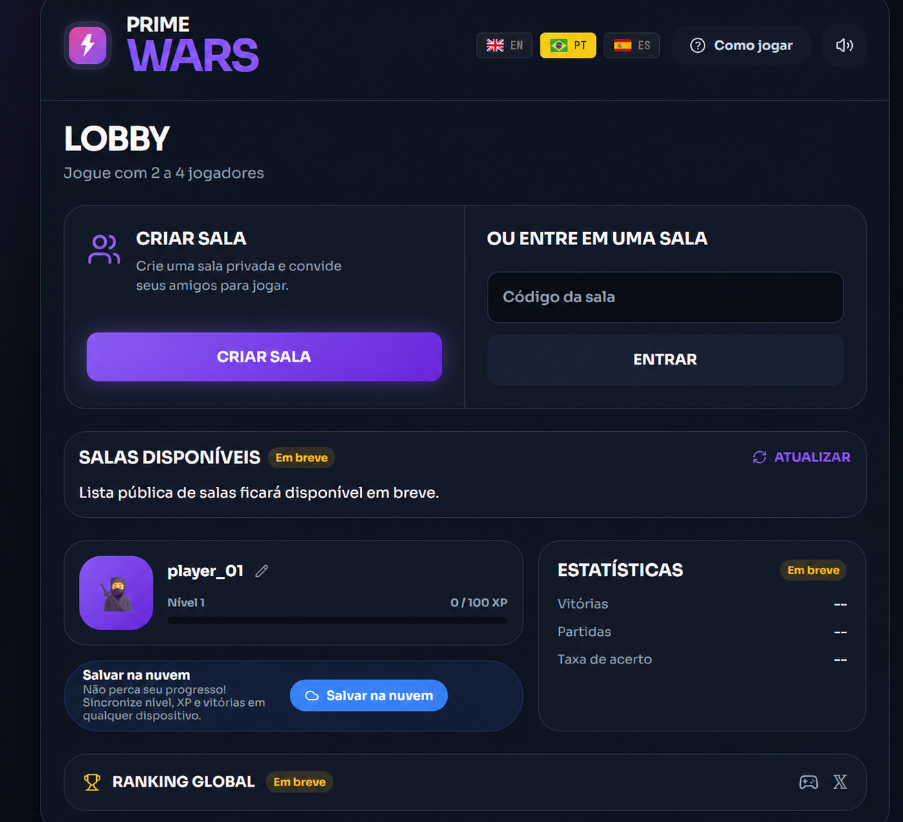 Lobby do Prime Wars com opções para criar ou entrar em uma sala de jogo.
