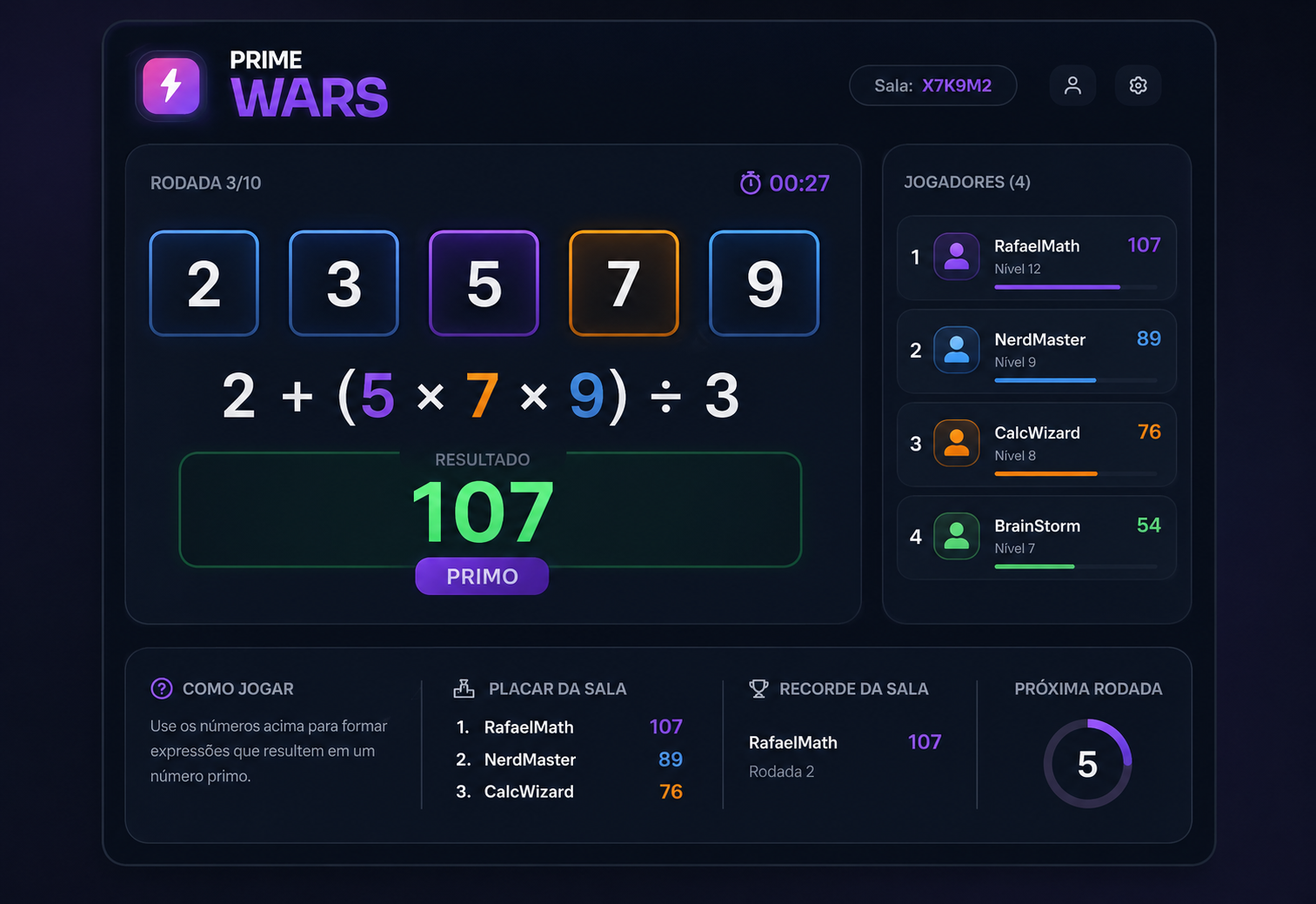 Partida do Prime Wars mostrando os números da rodada, a expressão matemática, o resultado primo e o placar dos jogadores.