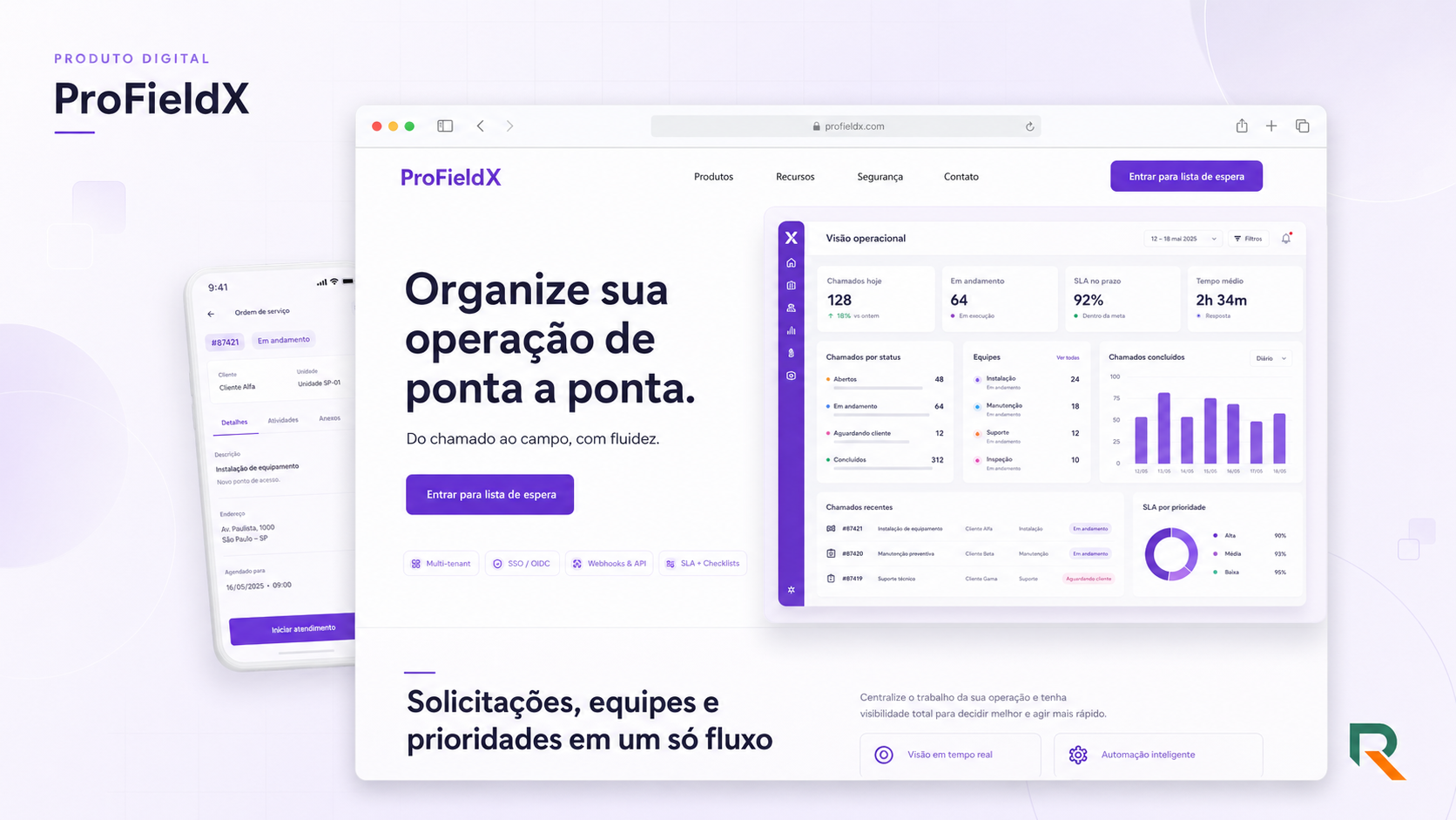 Página de apresentação do ProFieldX com painel operacional e tela mobile de ordem de serviço.